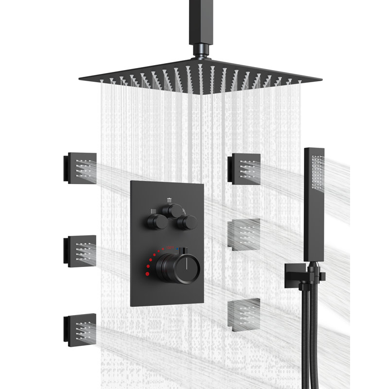 Ceiling Mounted Thermostatic Shower System ,  Square Shower Faucet Set with 12-Inch Shower Head & Handle Set, Valve Trim Kit