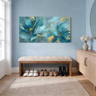 Sarcelle et or, art floral abstrait sur toile tendue, reproduction d'art sur toile, ensemble de 1