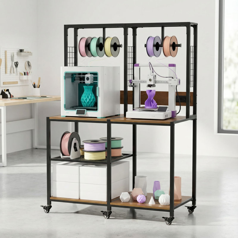 HOMGILT Double 3D Printer Stand with Filament Storage, Heavy-Duty Metal Frame, T-Type Filament Holder, Lockable Wheels, Mobile or Fixed Printer Rack for Home & Workshop
