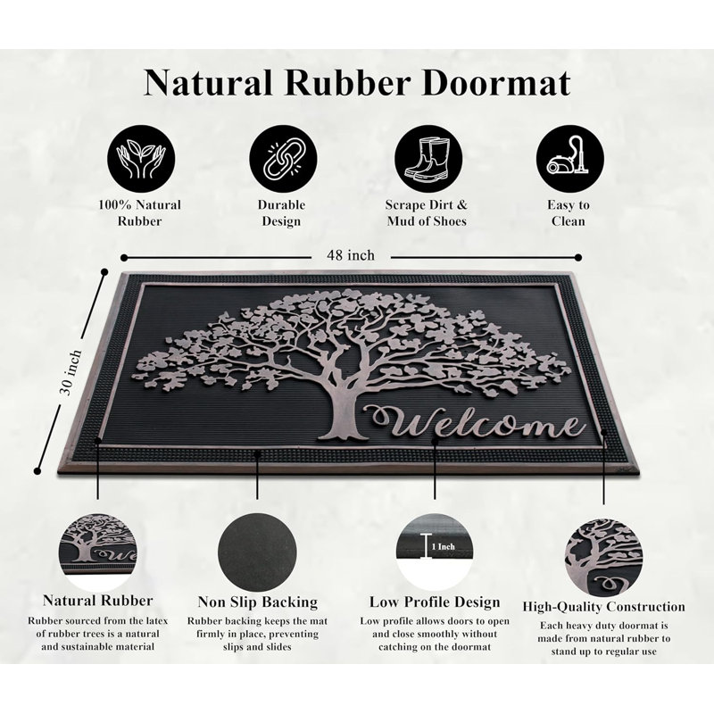 Offutt Oak Tree Design 100% Rubber Front Door Mat 30”x 48”, Non-Slip Welcome Doormat