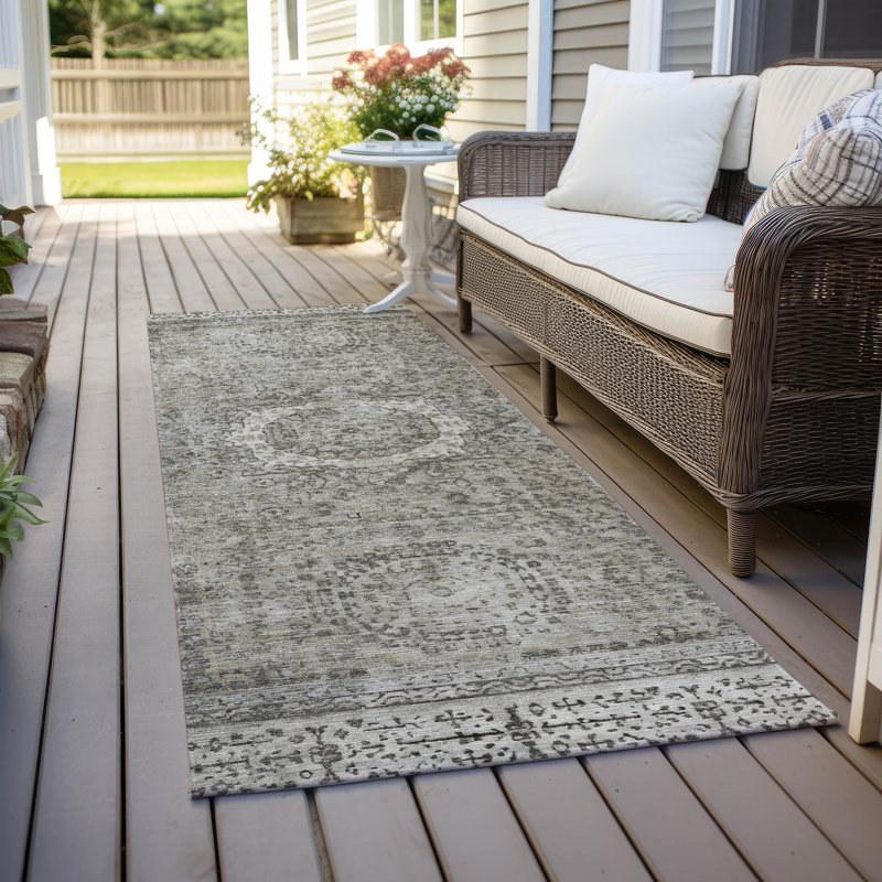 Machine Washable Indoor/Outdoor Xhevrie Pewter Rug, Runner 2'3" x 7'6"