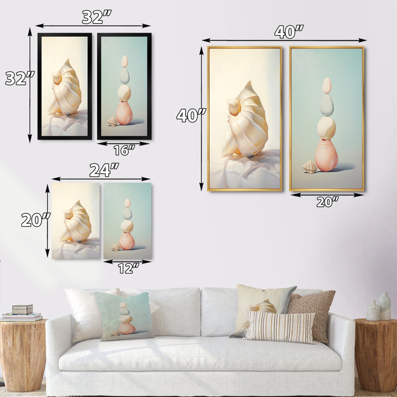 «Seashell Minimalist Gems», 2 pièces, Encadrement doré, H 32 po x l 32 po