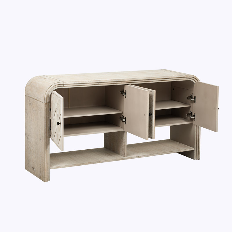 Console polyvalente avec lattes en bois tissé et placage en bois massif, Beige brun