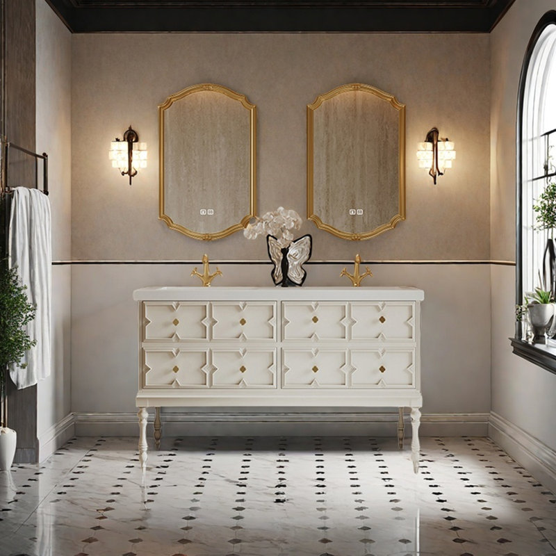 French retro bathroom cabinet, 32.3" H x 63" W x 21.6" D