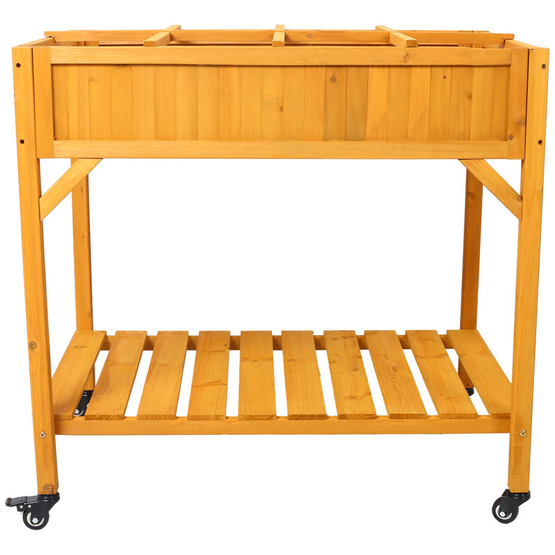 Elevated 8 Pocket Herb Garden Bed, Mobile Raised Customizable Wood Planter For Herbs, Vegetables, Flowers W/ Lockable Wheels, Storage Shelf, Drainage Holes