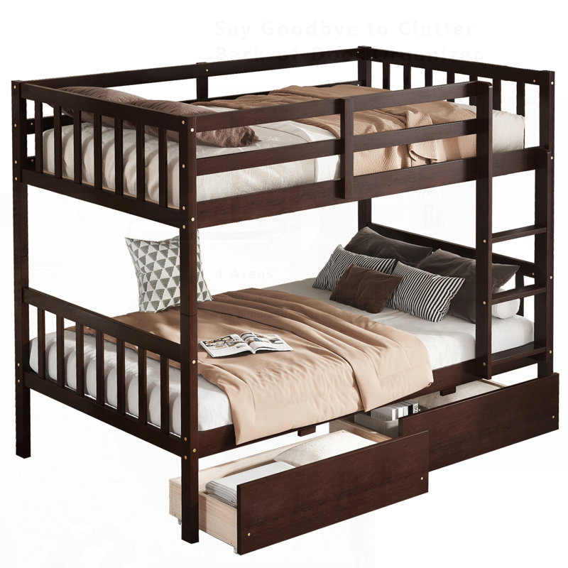 Lit superposé en bois d'hévéa avec 2 tiroirs, convertible en 2 lits simples, lit superposé simple avec échelle et garde-corps de sécurité