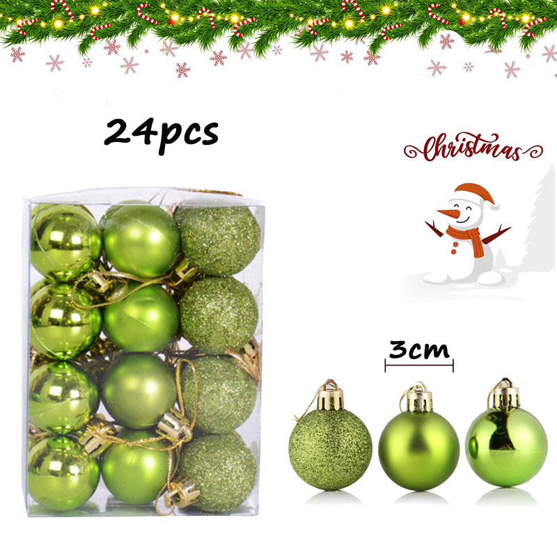 Mini-boules de Noël incassables de 3 cm, décoration de fête, 24 pièces, argent, Vert