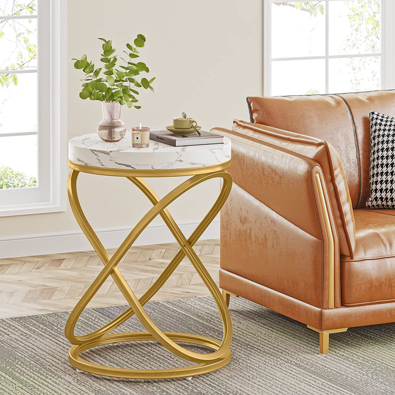 Lekia Faux Marble End Table, White Top/Gold Base