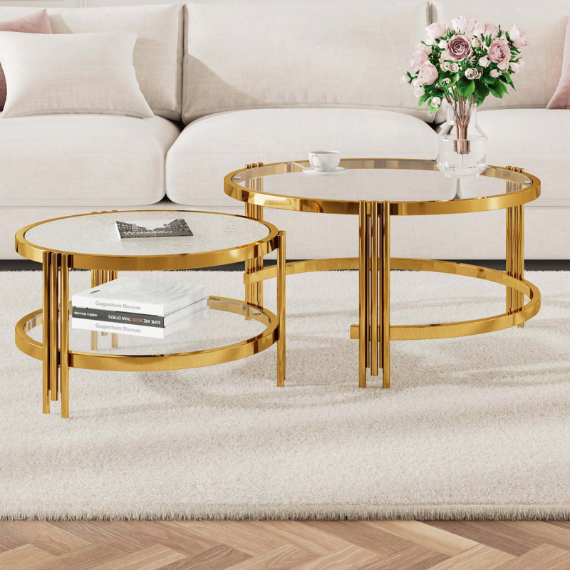 Ensemble de tables basses 2 pièces avec dessus en verre texturé or
