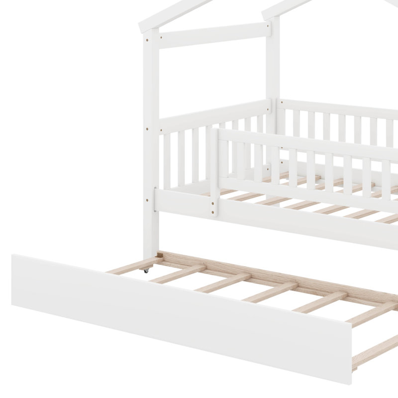Twin wooden house bed with trundle, Blanc