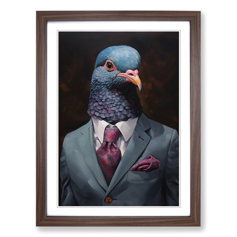 Pigeon In A Suit Painting - Single Picture Frame Print on Wood, Walnut, 34" H x 25" W x 2" D