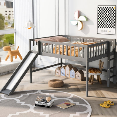 Bedroom Gray Full Size Low Loft Bed With Removable Slide And Vertical Inviting