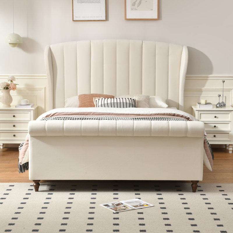 54" Velvet Scroll Wingback Queen Sleigh Bed Frame with Vintage Walnut Legs, No Box Spring Needed, Cream, Queen, Cream