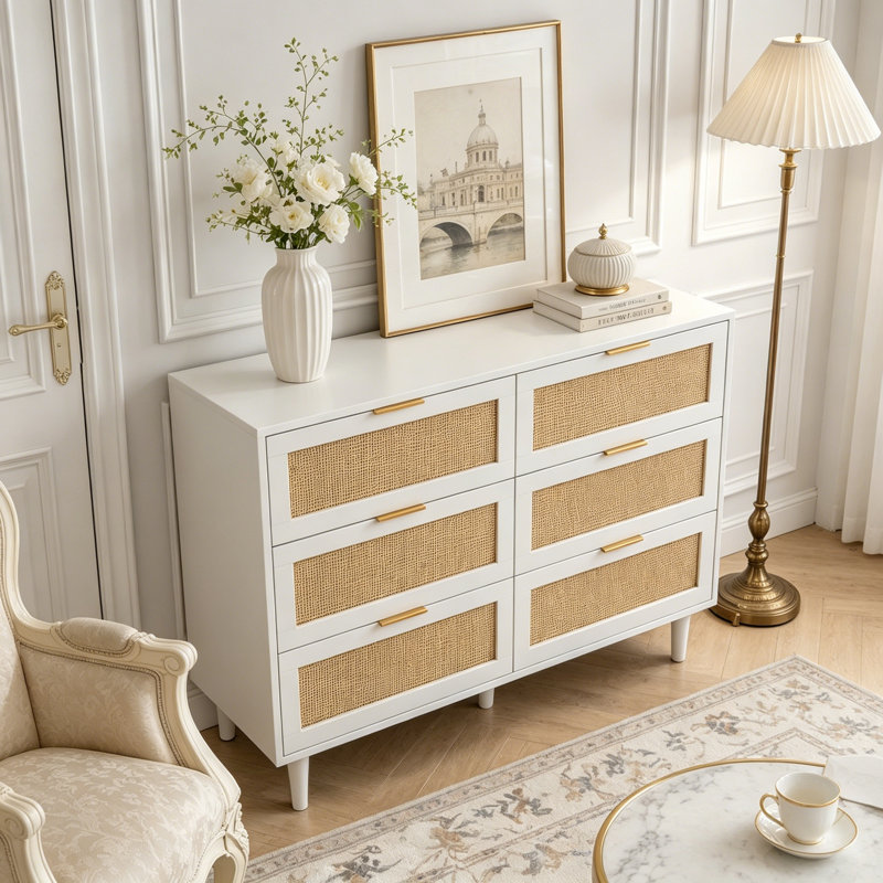 Armoire de rangement en rotin 6 tiroirs, 43.31"W, White