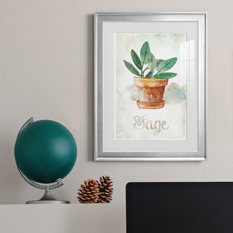 Sauge en pot - Encadrée sous verre acrylique, grand tableau pour salon, H 24,5 po x l 18,5 po x P 1 po, Argent