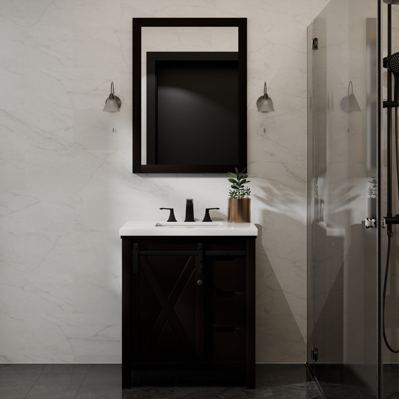 Ensemble de meuble-lavabo l 30 po x P 22 po Marsyas, robinet et miroir 28 po, Brun, Marbre de culture blanc