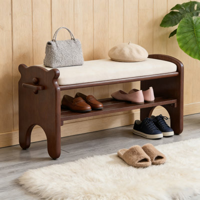 Banc à chaussures en bois massif avec coussin en similicuir - Banc de rangement pour hall d'entrée en bois d'hévéa à 2 niveaux