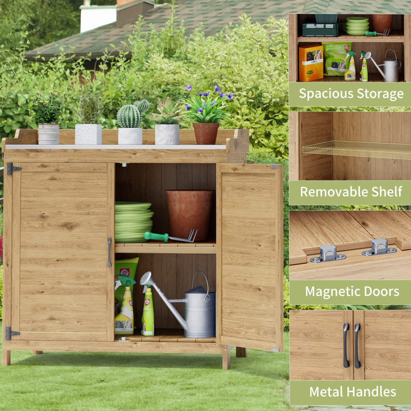 Charvette Fir Potting Bench with Storage Cabinet and Metal Covered Tabletop, Natural Wood