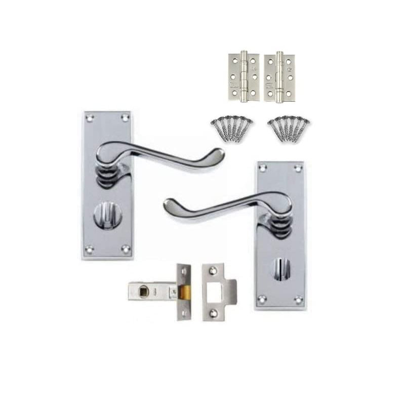 Golden Grace Victorian Scroll Door Handle in Polished Chrome with 1 Pair of 3" Ball Bearing Hinges & 63mm Latch, Privacy Pack - 120mm