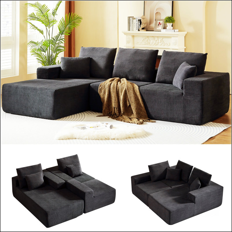 Canapé modulaire modulaire avec méridienne, canapé en forme de L moderne avec assise profonde, pour le salon, la chambre à coucher et le bureau, sans assemblage requis, noir