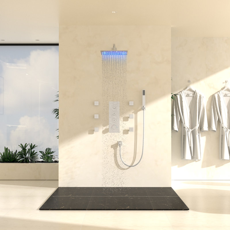 12 Inch Chrome LED Wall Mounted Rain Shower System with Handheld and Body Jets