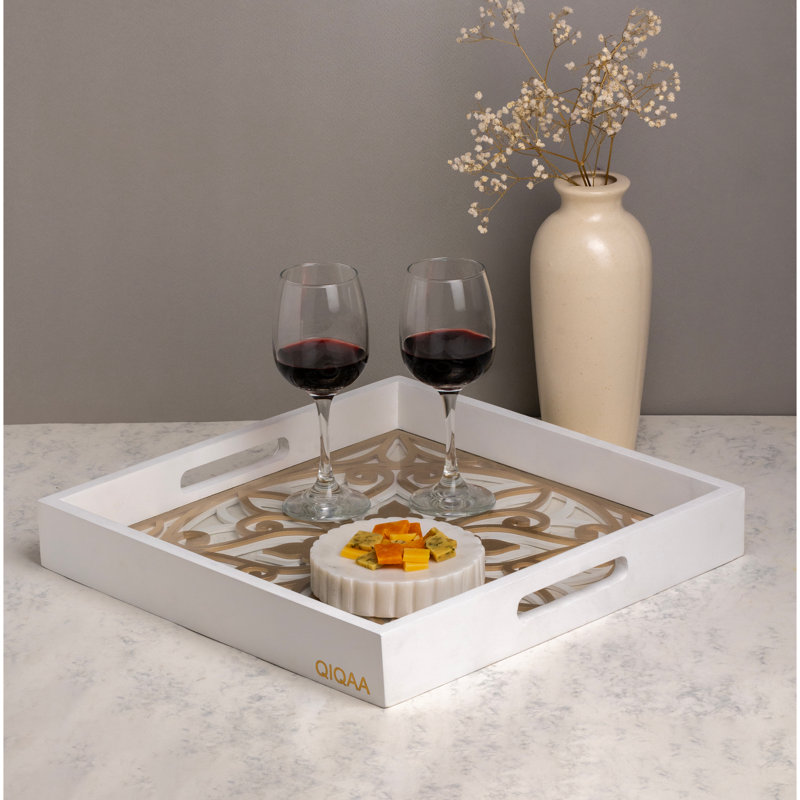 Plateau décoratif blanc 14 x 14 x 2 découpé avec verre blanc | Plateaux en bois pour la décoration, centre de table basse
