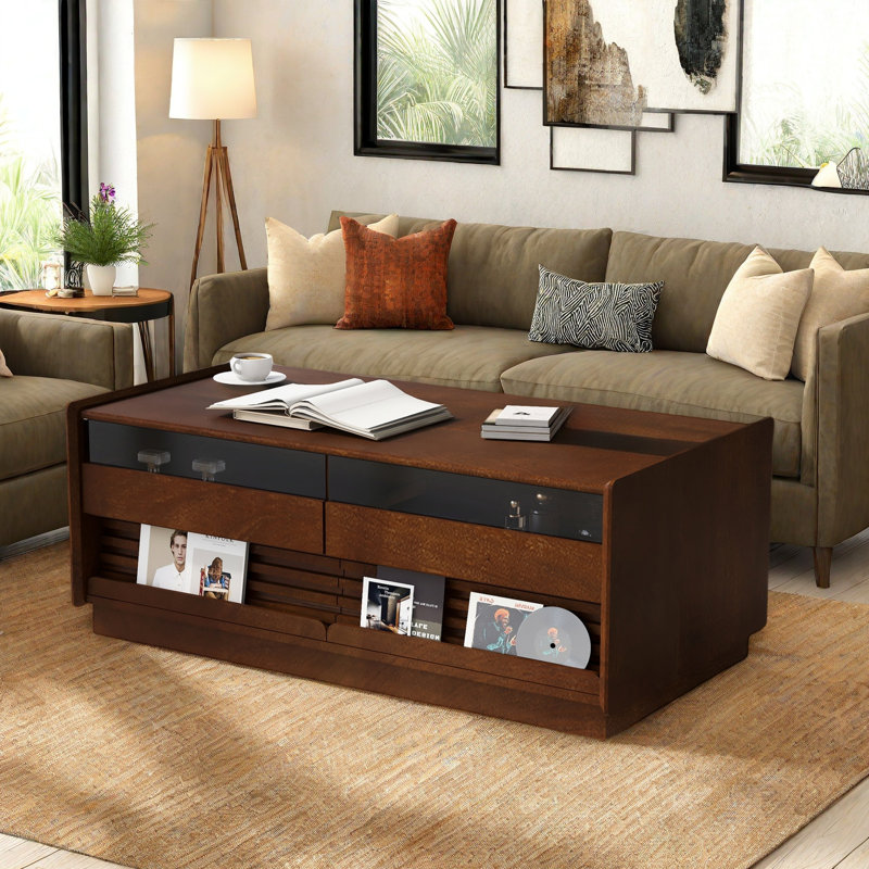 Table basse moderne moderne avec 4 tiroirs et 2 tablettes, Brun