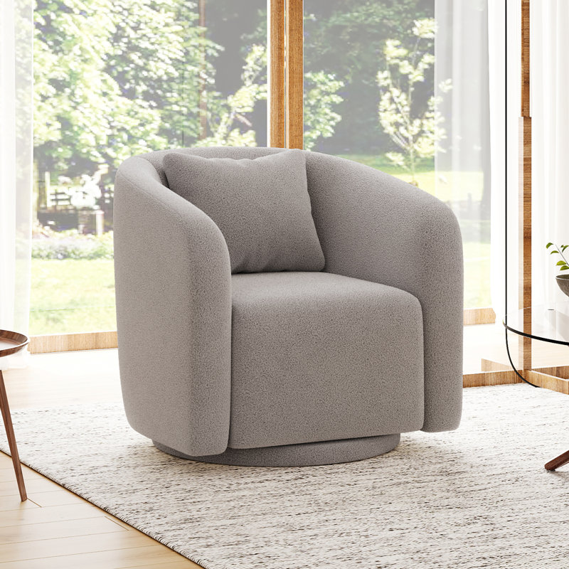 Boucle Polyester Upholstered Swivel Armchair, Light Gray