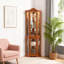 Armoire vitrée d'angle éclairée avec portes et tablettes en verre trempé chêne
