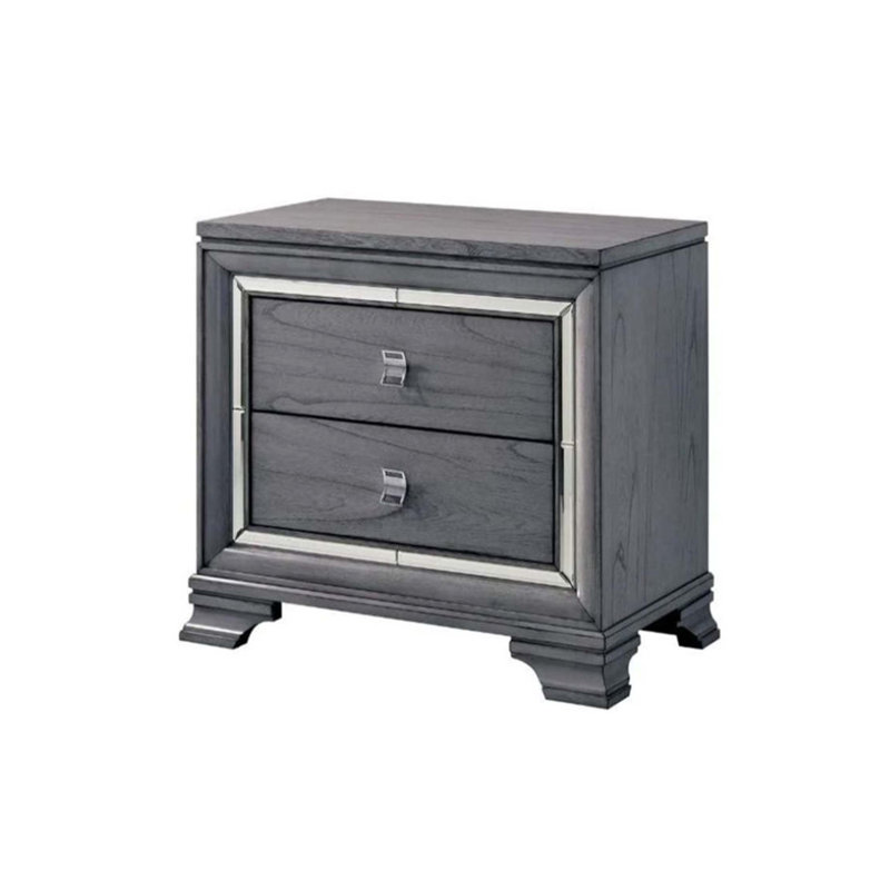 Table de chevet 2 tiroirs en bois avec bordure miroir