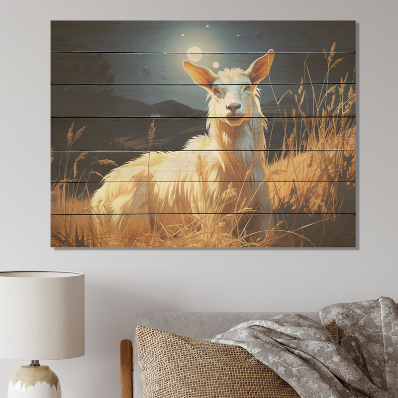 «White Caprine Goat Charm Meadows I - Chèvre sur bois», H 24 po x l 32 po x P 0,78 po
