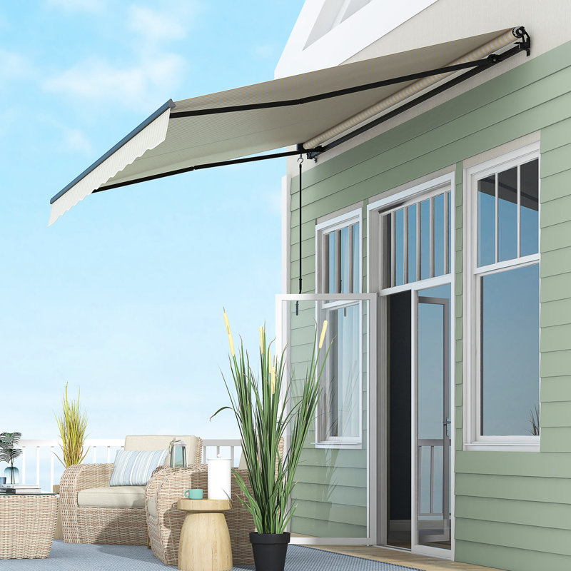 Auvent de patio avec manivelle - beige et blanc, 13 pi x 10 pi, tissu rétractable 280 g / m² pour terrasse