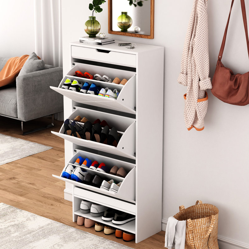 MDF Wood 3 Tier Tipping Bucket Shoe Storage Cabinet, White