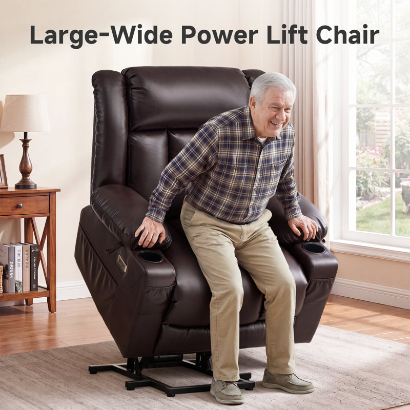 Dual Motor Power Lift Chair Recliner for Elderly with Massage and Heat, Infinite Position Electric Lift Recliner with USB A&C, Cup Holders (T6010 - Faux Leather, Dark Brown, Oversized )