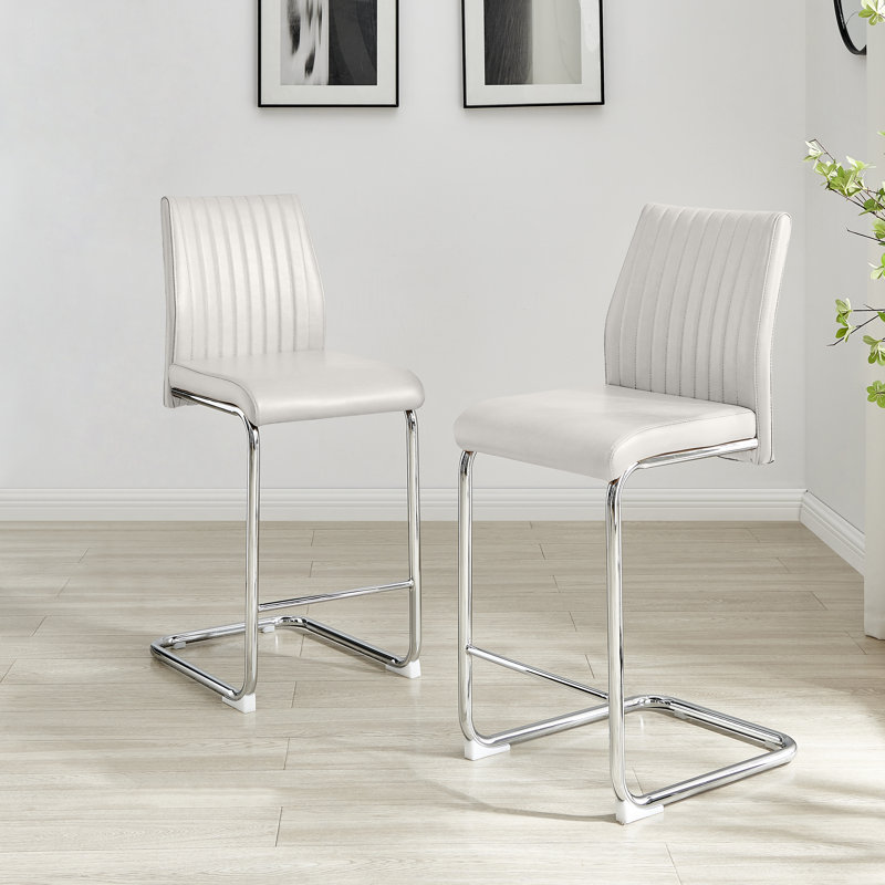 Loren Luxury Faux Leather Breakfast Bar Chairs - Upholstered Modern Design Chrome Legs, White