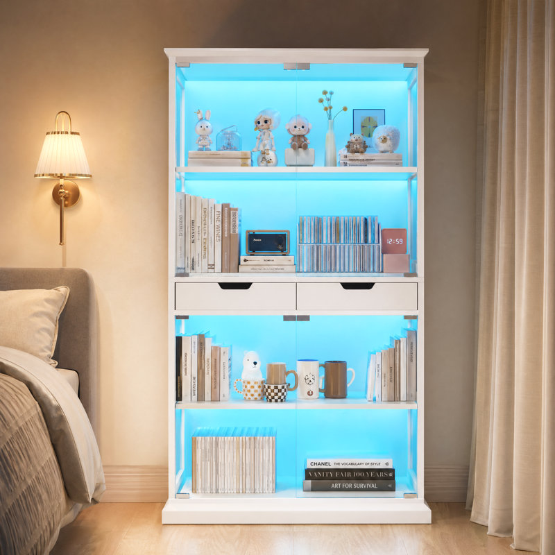 Vitrine à éclairage DEL avec capteur intelligent et lumières RVB - Ouverture par pression, anti-basculement, Blanc