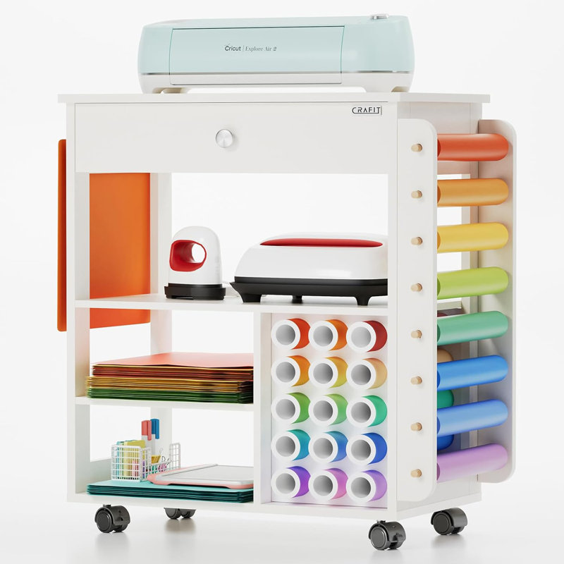Craft Table Craft Cart Cricut Machine Crafting Cabinet Table for Craft Room, White/Silver