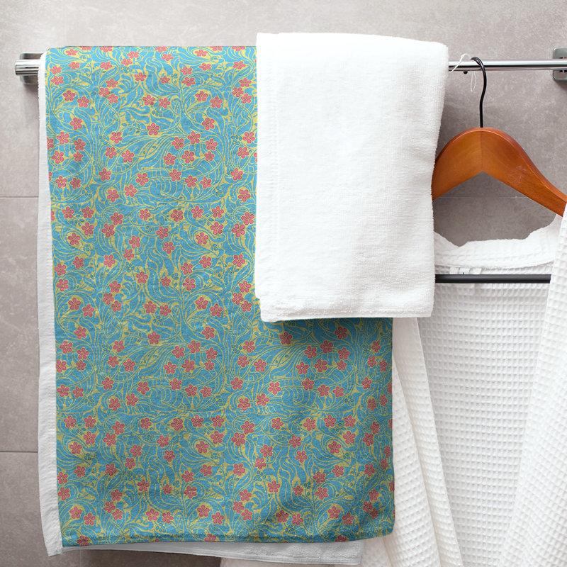 Serviette de bain florale swirly, Jaune/Bleu/Rose