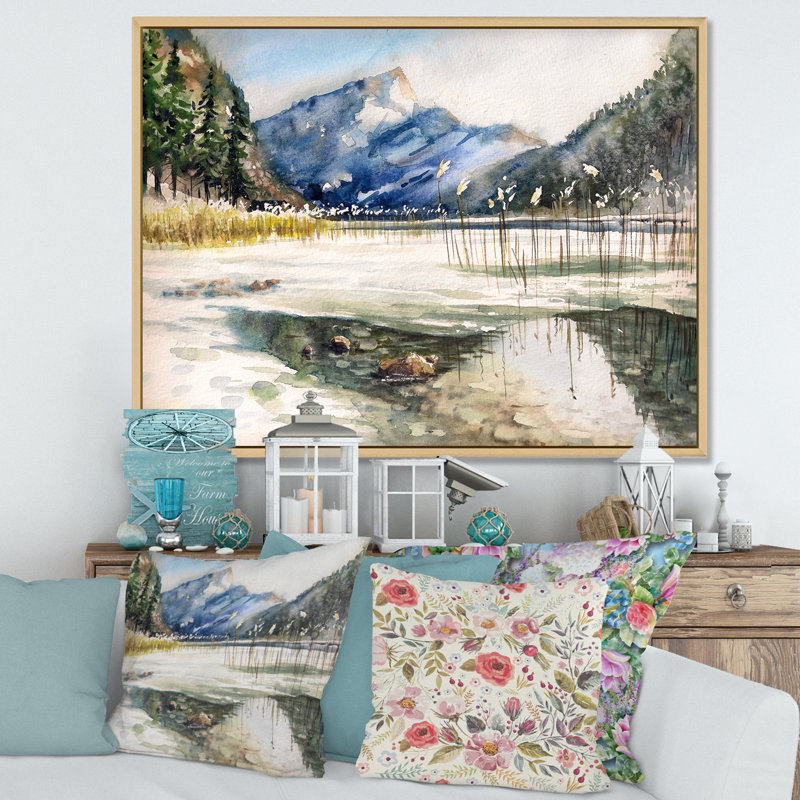 Lac avec paysage de montagne - Peinture sur toile, H 30 po x l 40 po x P 1,5 po, Cadre flottant en érable