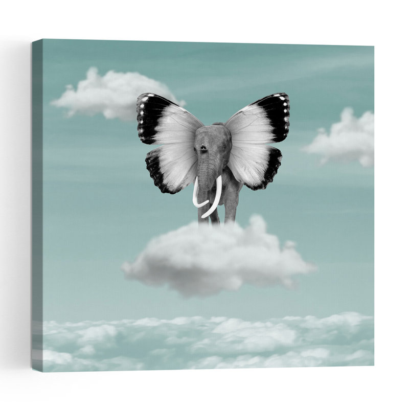 Rêve d'éléphant volant, paysage éthéré et serein avec papillons et éléphants, art mural nature, 18" H x 18" W