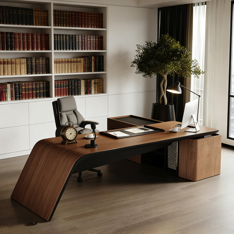 Bureau de direction en L brun clair luxueux moderne en forme de L