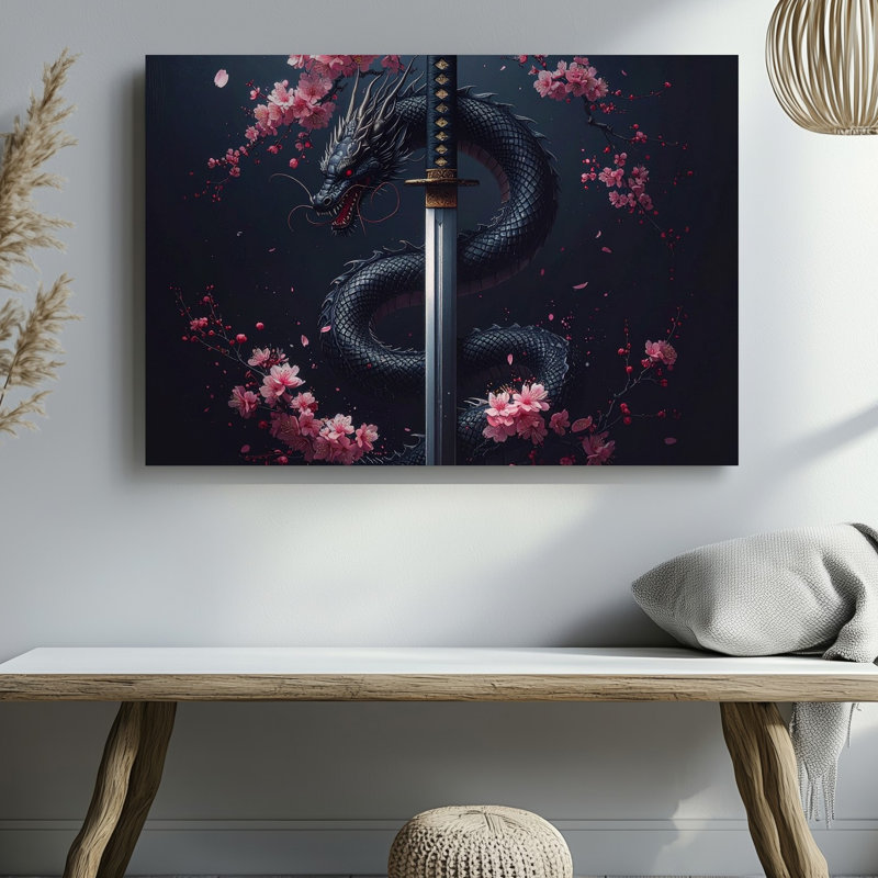 Dragon et fleur de cerisier Katana, H 20 po x l 20 po