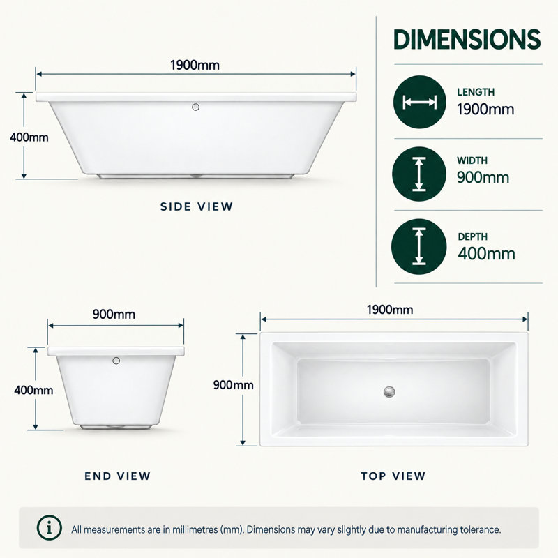 x Soaking Acrylic Bathtub, 40cm H x 190cm W x 90cm D
