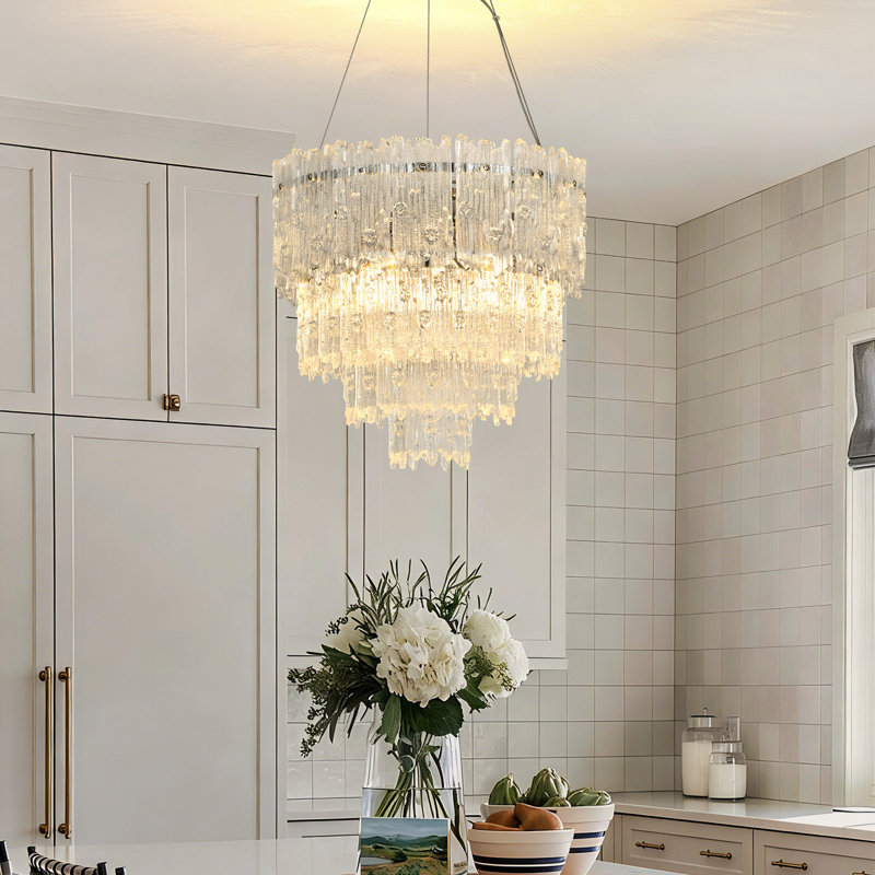Crystal & Glass Pendant, Height-Adjustable, Sloped-Ceiling Ready, 3 Tiers, 39cm H × 38cm W × 38cm D, 4 Lights