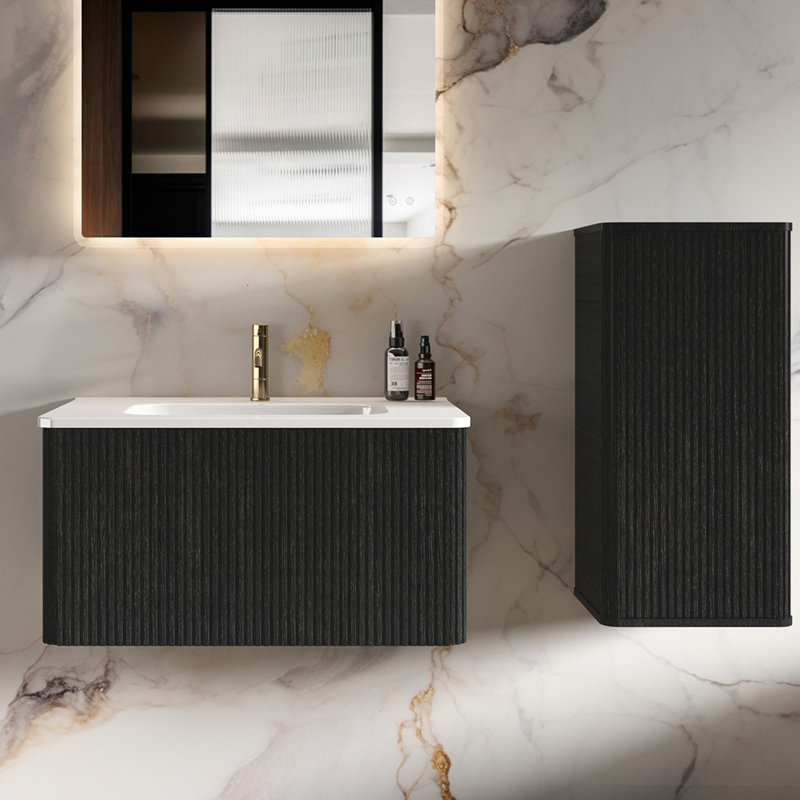 Black Oak Bathroom Side Cabinet - , Featuring Chic Stripes And Design In Brown With Striped Textures Construction, Black