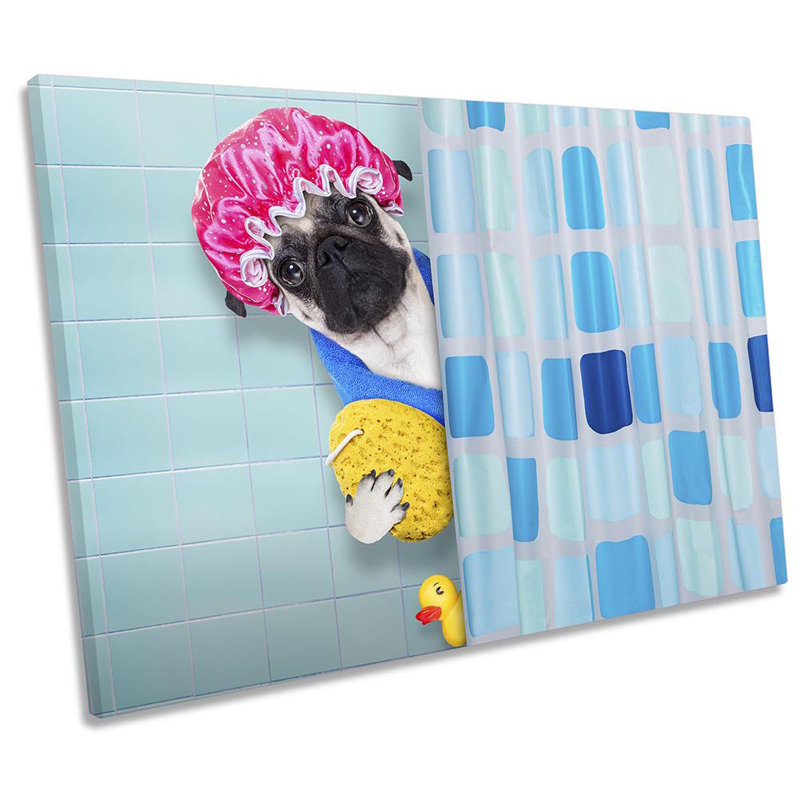 Pug Dog Shower Bathroom - Wrapped Canvas Print, 61cm H x 91.4cm W  x 4cm D
