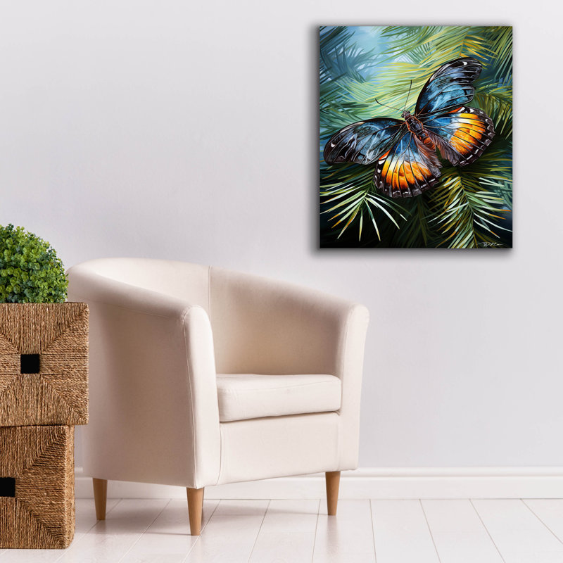«Epic Graffiti», papillon bleu et jaune parmi les pins 2 »par Momart, art mural sur toile, 26 po x 30 po, H 30 po x l 26 po