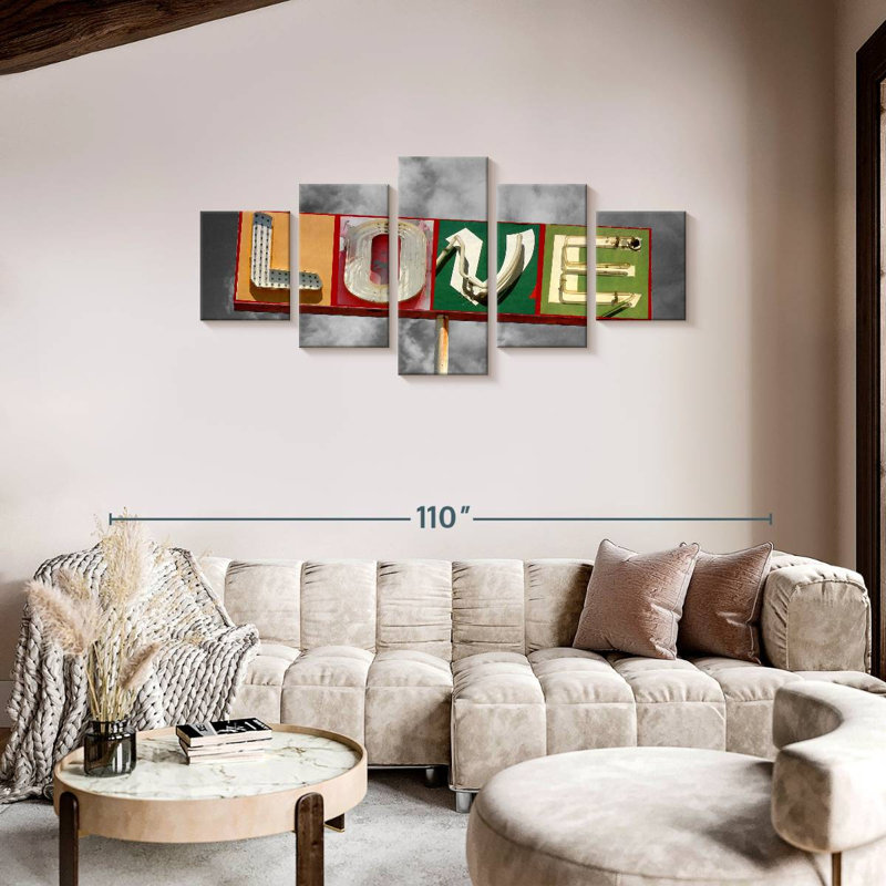 "Love Love", impression sur toile 5 pièces, H 36 po x l 80 po x P 1 po