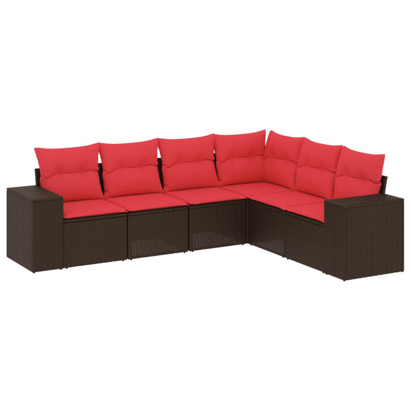 Ensemble de canapé de patio 7 pièces avec coussins en rotin de polyester, Coussin rouge / cadre brun