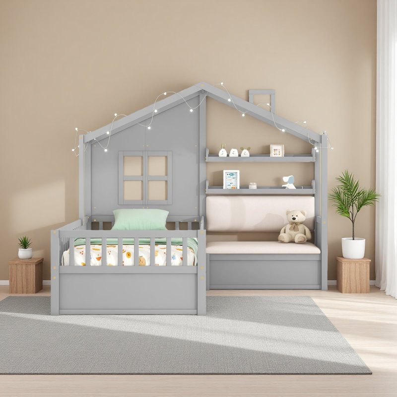 Lit simple avec canapé, lit plateforme pour enfants avec deux tiroirs et tablette de rangement, Gris